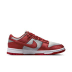 Nike Dunk Low UNLV Satin women's sneakers in red and grey satin finish.
