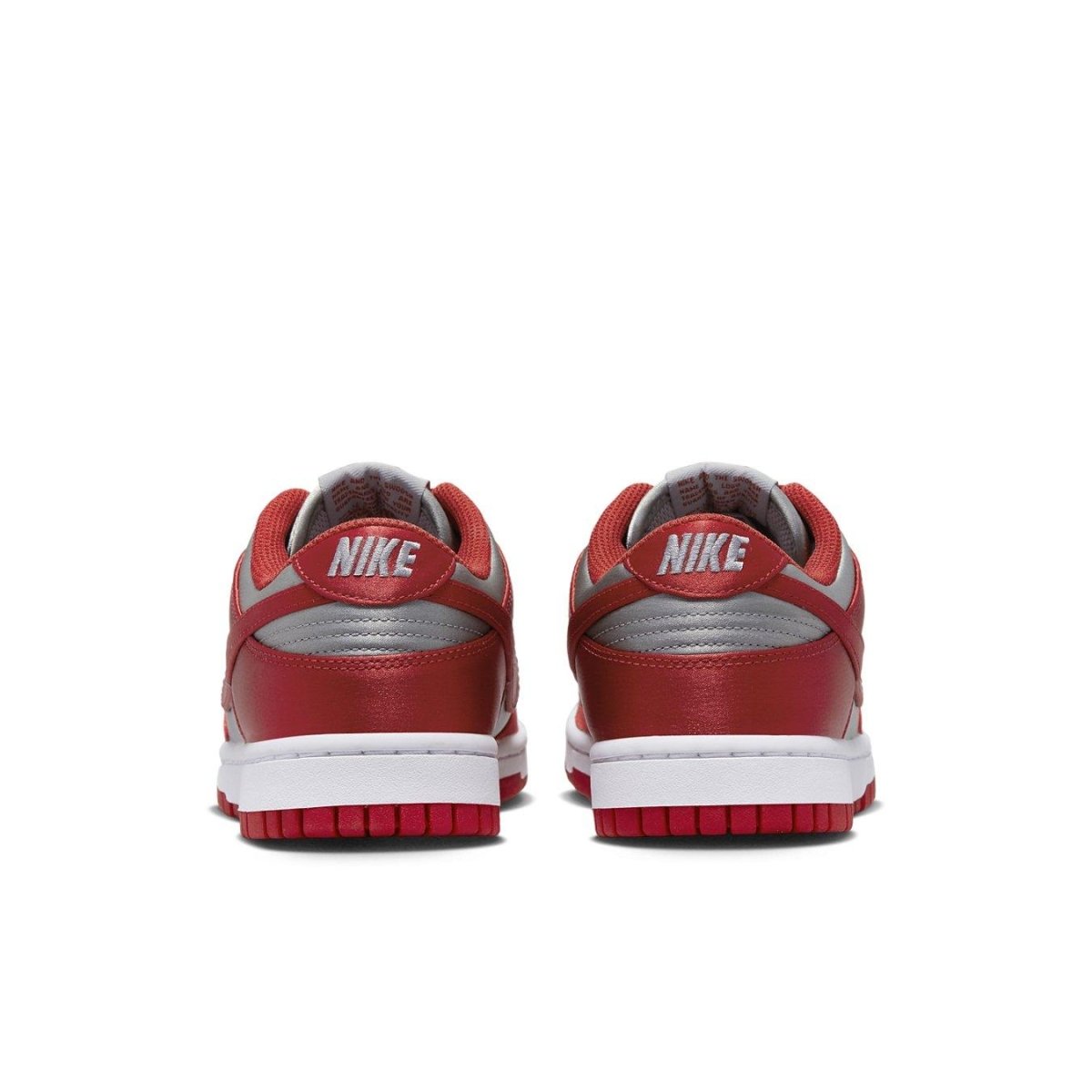 Nike Dunk Low UNLV Satin Women's sneakers in red and grey, showcasing the back view with branding details.