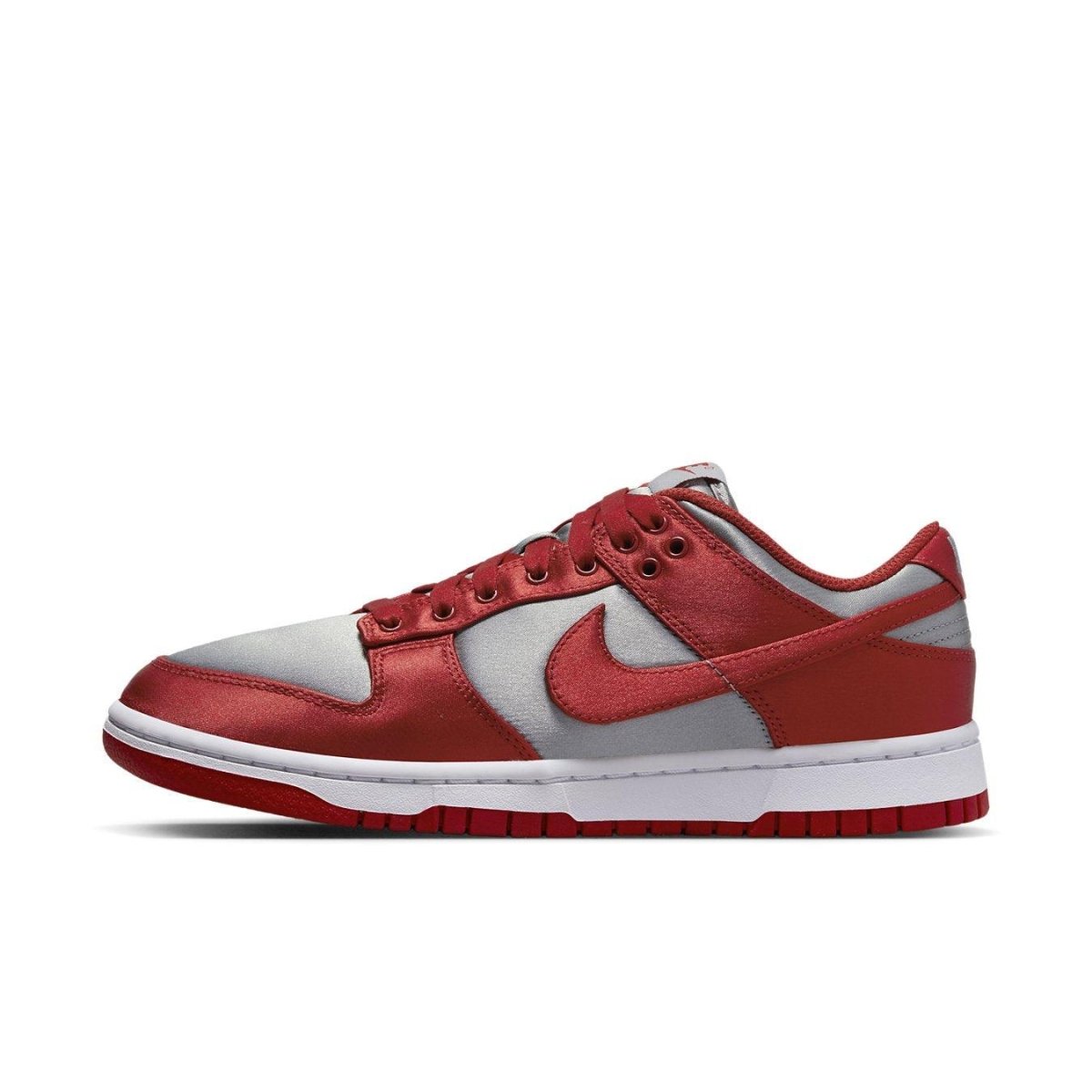 Nike Dunk Low UNLV Satin women's sneakers in red and grey, featuring a glossy satin upper and classic design.