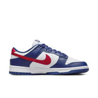 Nike Dunk Low USA Women's sneaker in white, blue, and red with patriotic colorway inspired by the American flag.