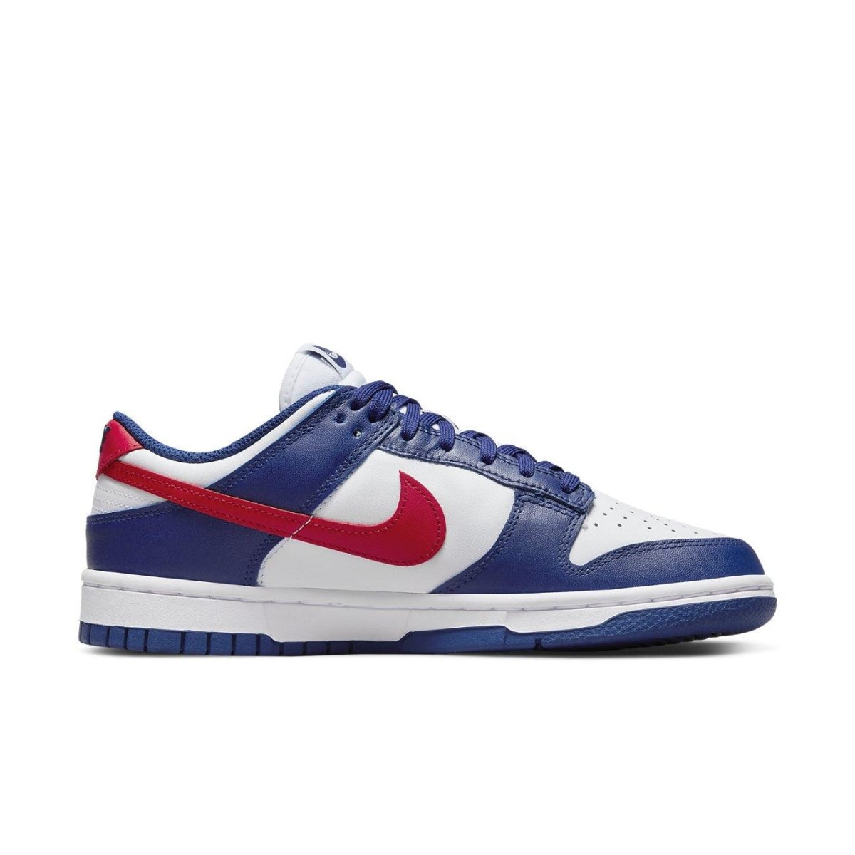 Nike Dunk Low USA Women's sneaker in white, blue, and red with patriotic colorway inspired by the American flag.
