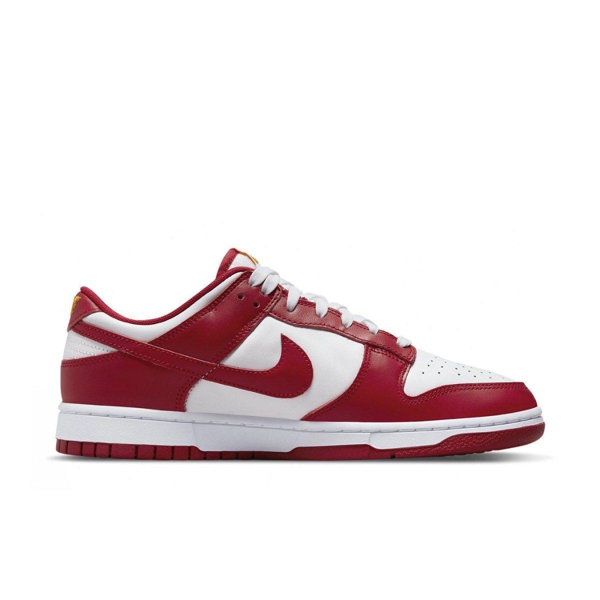 Nike Dunk Low USC sneaker featuring red and white design, inspired by USC Trojans colors.