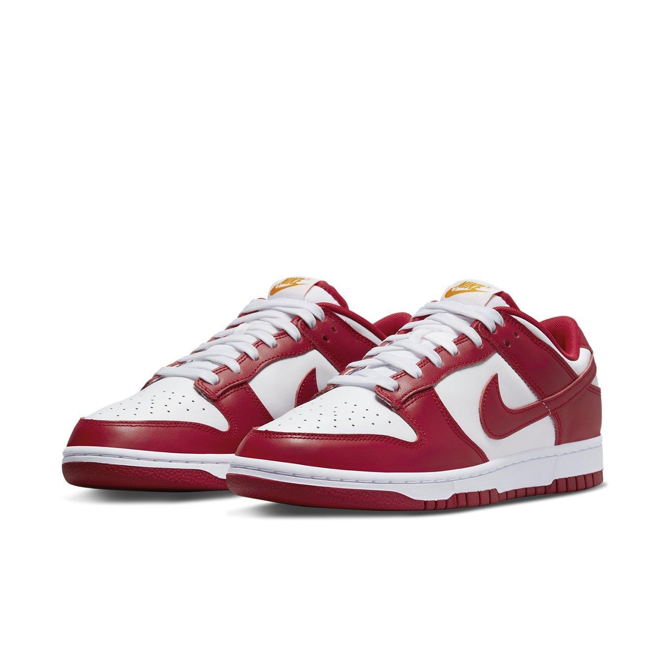 Nike Dunk Low USC sneakers in red and white, inspired by USC Trojans and UCLA Bruins rivalry.
