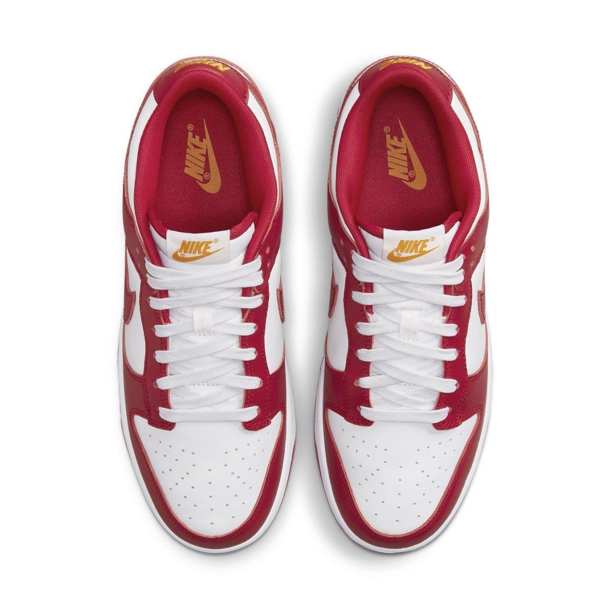 Nike Dunk Low USC sneakers in red and white, celebrating UCLA Bruins and USC Trojans rivalry.