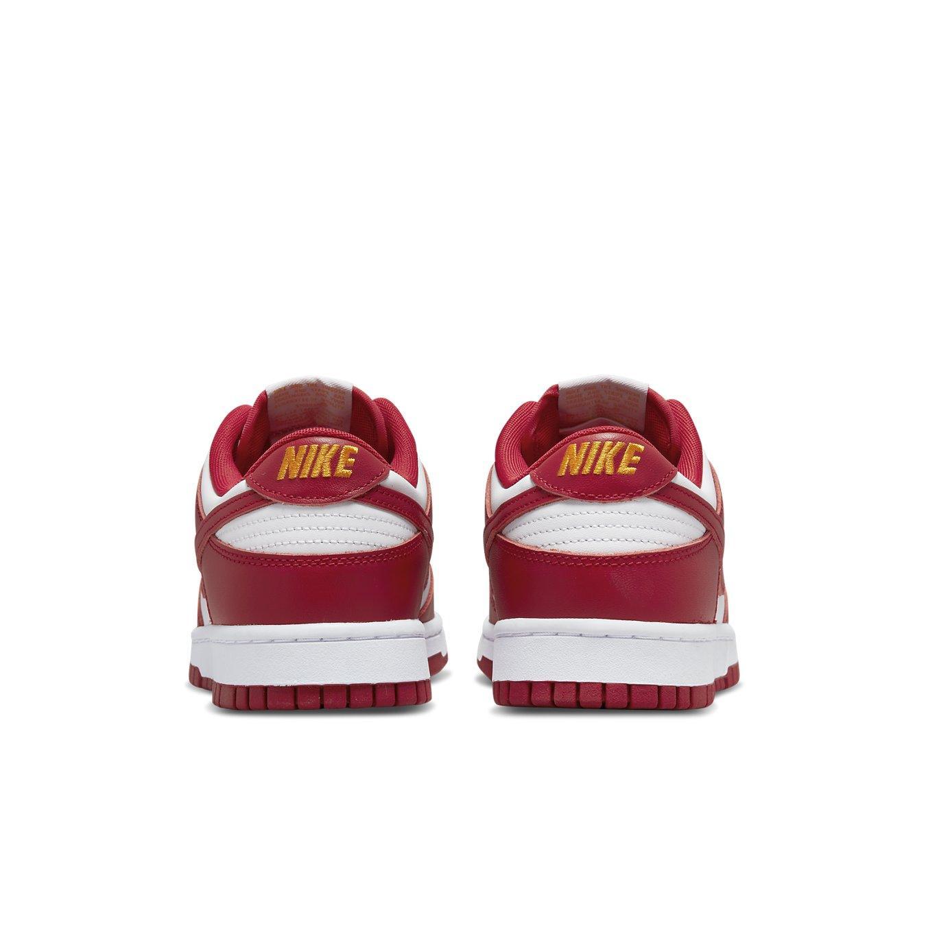 Nike Dunk Low USC sneaker rear view featuring red and white design with gold Nike logo.