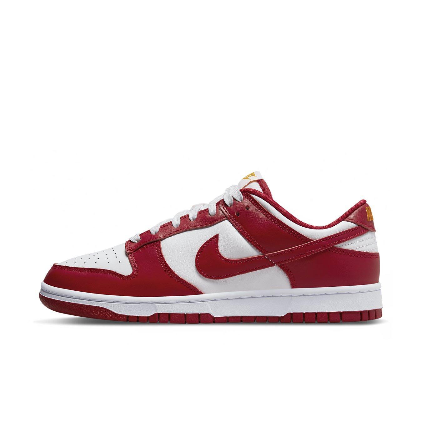 Nike Dunk Low USC sneaker in red and white, inspired by UCLA Bruins and USC Trojans colors.