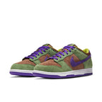 Nike Dunk Low Veneer 2020 sneakers in green, purple, and brown with suede upper and classic silhouette.