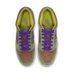 Nike Dunk Low Veneer (2020) sneakers featuring green, brown, and purple colorway with suede texture.