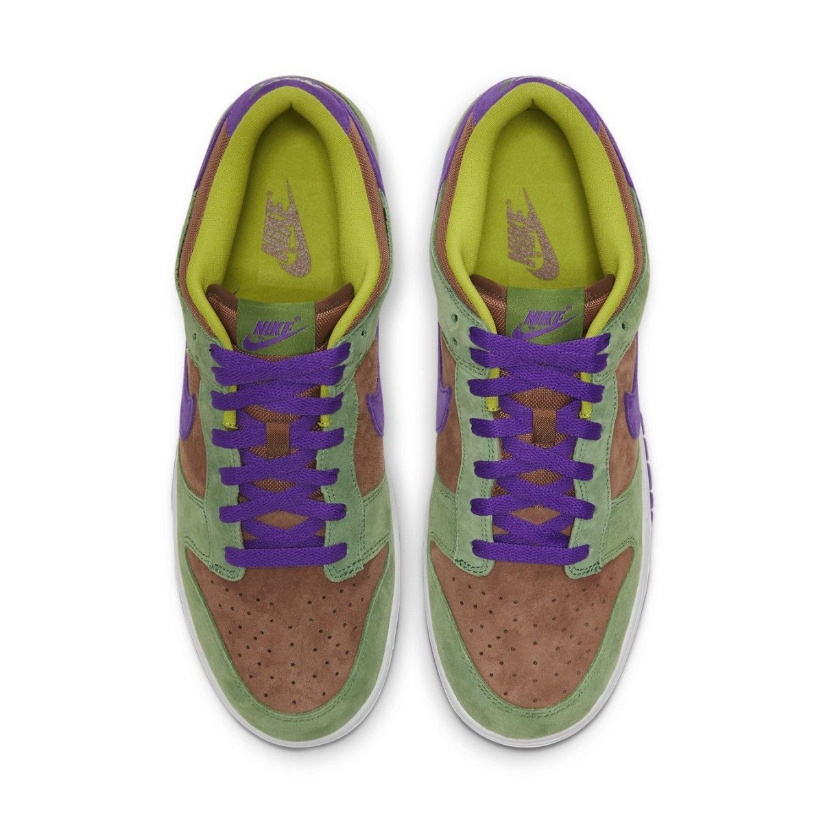 Nike Dunk Low Veneer (2020) sneakers featuring green, brown, and purple colorway with suede texture.