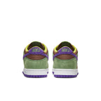 Nike Dunk Low Veneer 2020 sneakers in green, purple, and yellow, showcasing a unique back view design.