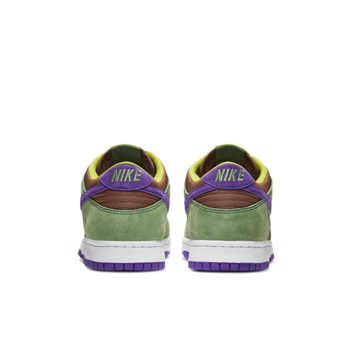 Nike Dunk Low Veneer 2020 sneakers in green, purple, and yellow, showcasing a unique back view design.