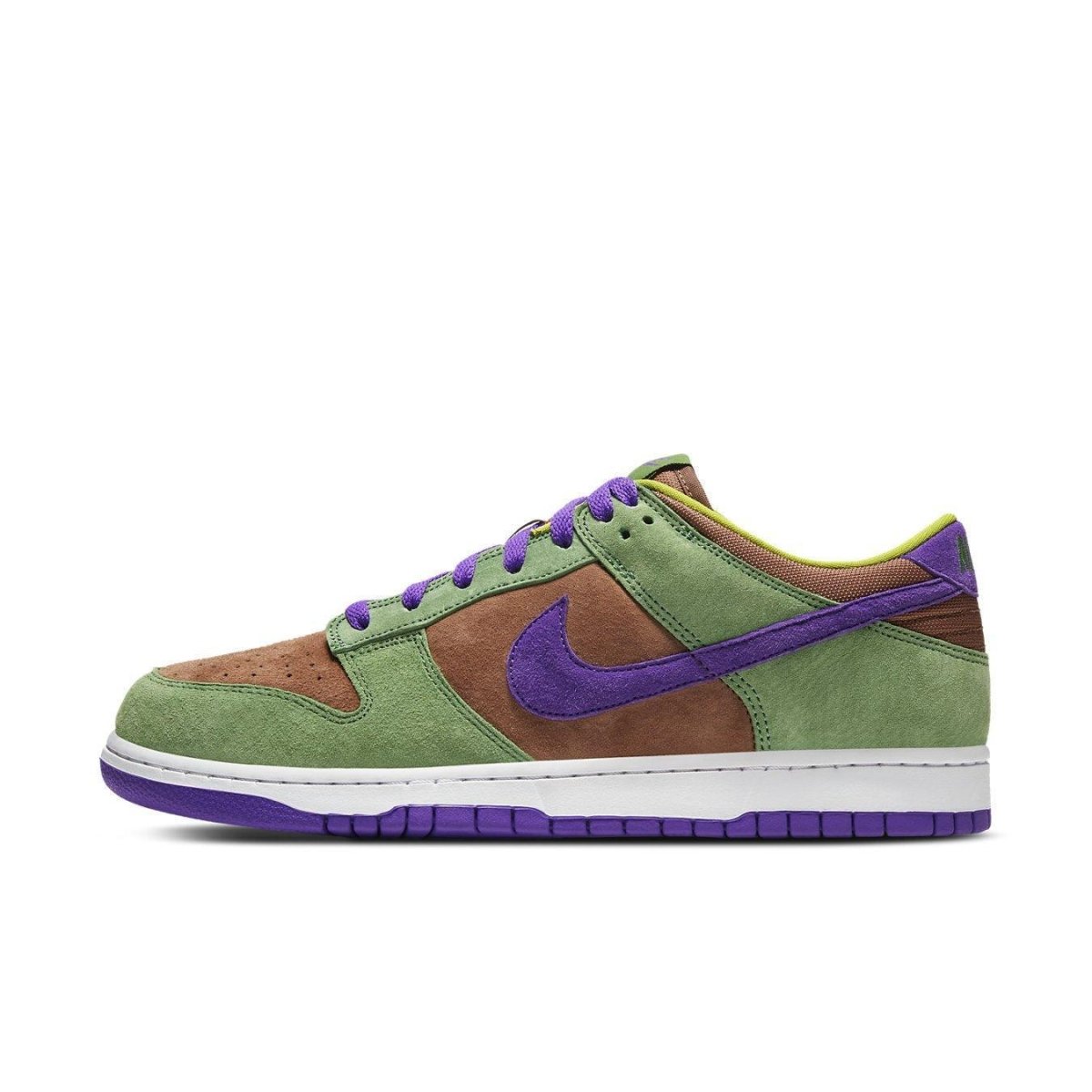 Nike Dunk Low Veneer (2020) sneaker in green, brown, and purple suede design.