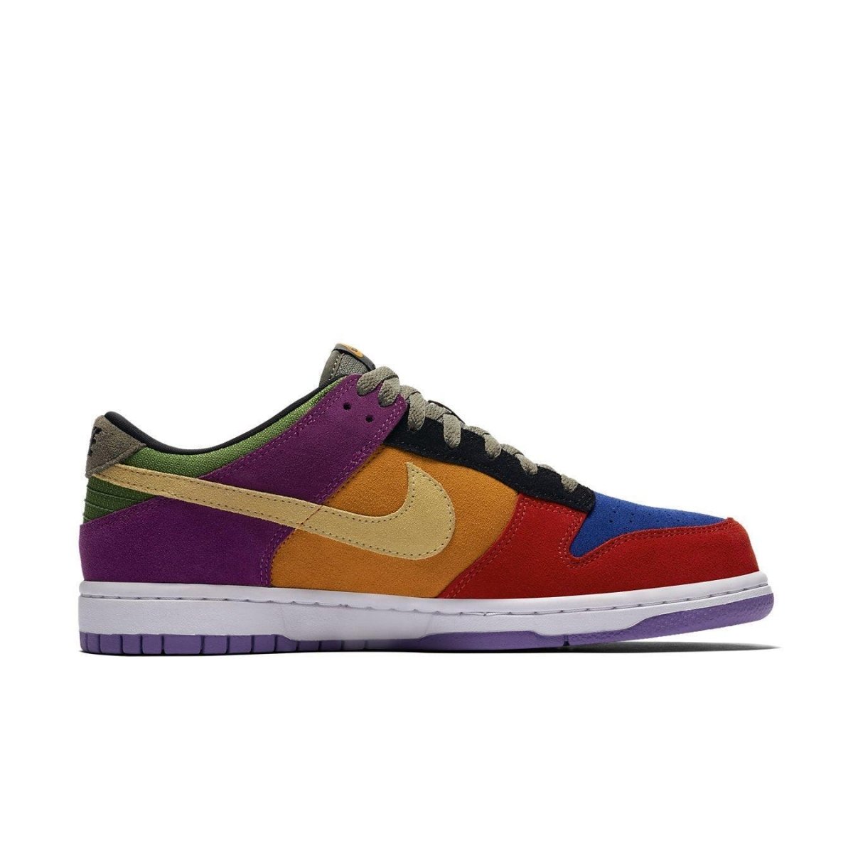 Nike Dunk Low Viotech 2019 sneaker, featuring colorful suede upper and classic silhouette.