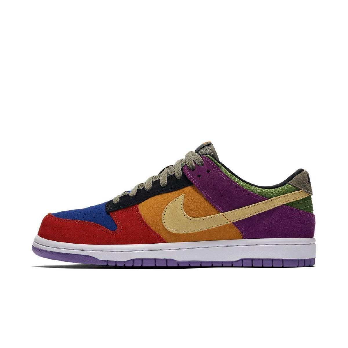 Nike Dunk Low Viotech 2019 sneaker in multicolored suede with Swoosh logo and rubber outsole.