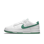 Nike Dunk Low White Green Noise (W) with smooth leather upper and breathable perforations for all-day comfort.