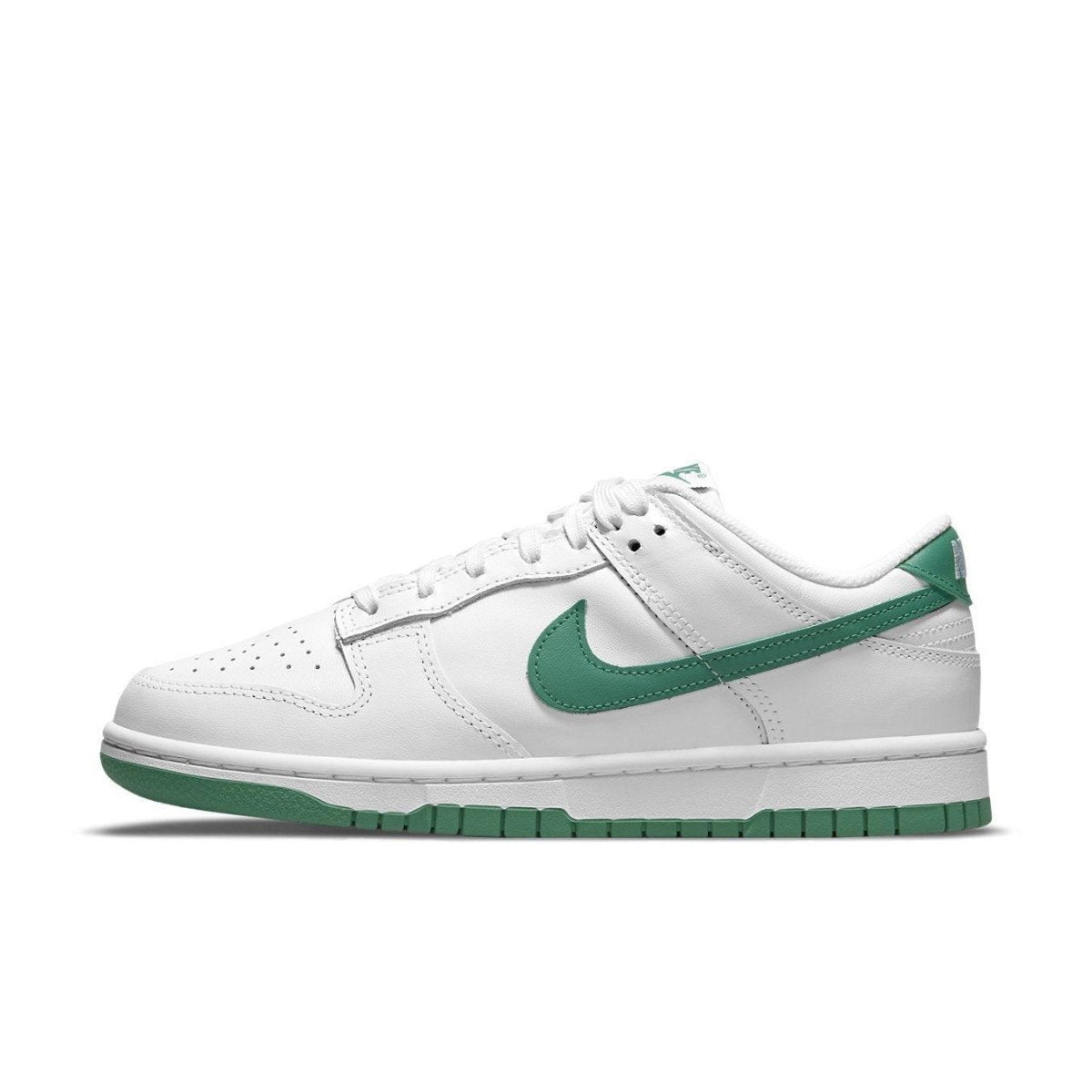 Nike Dunk Low White Green Noise (W) with smooth leather upper and breathable perforations for all-day comfort.