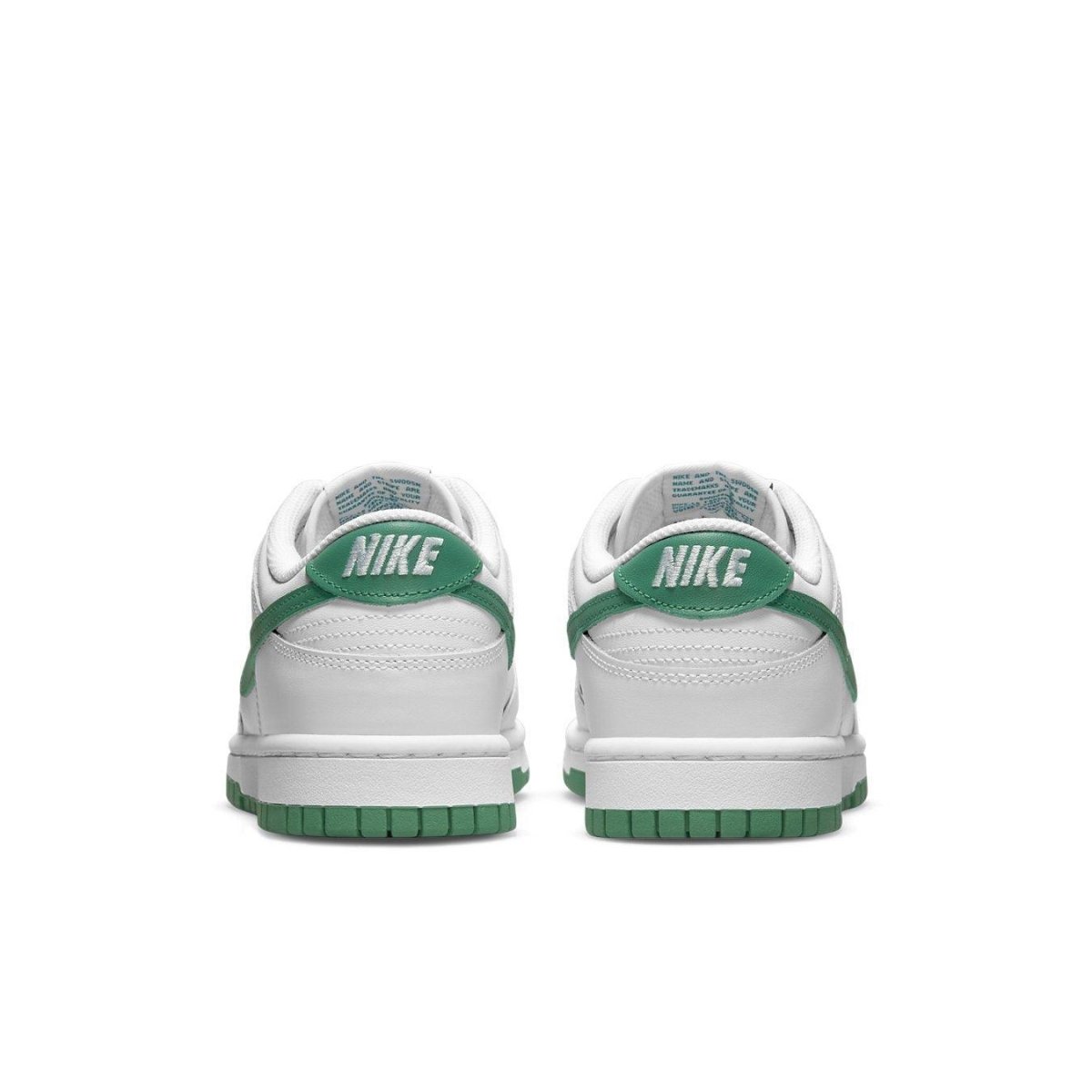 Nike Dunk Low White Green Noise (W) rear view, featuring Swoosh logo and textured outsole.