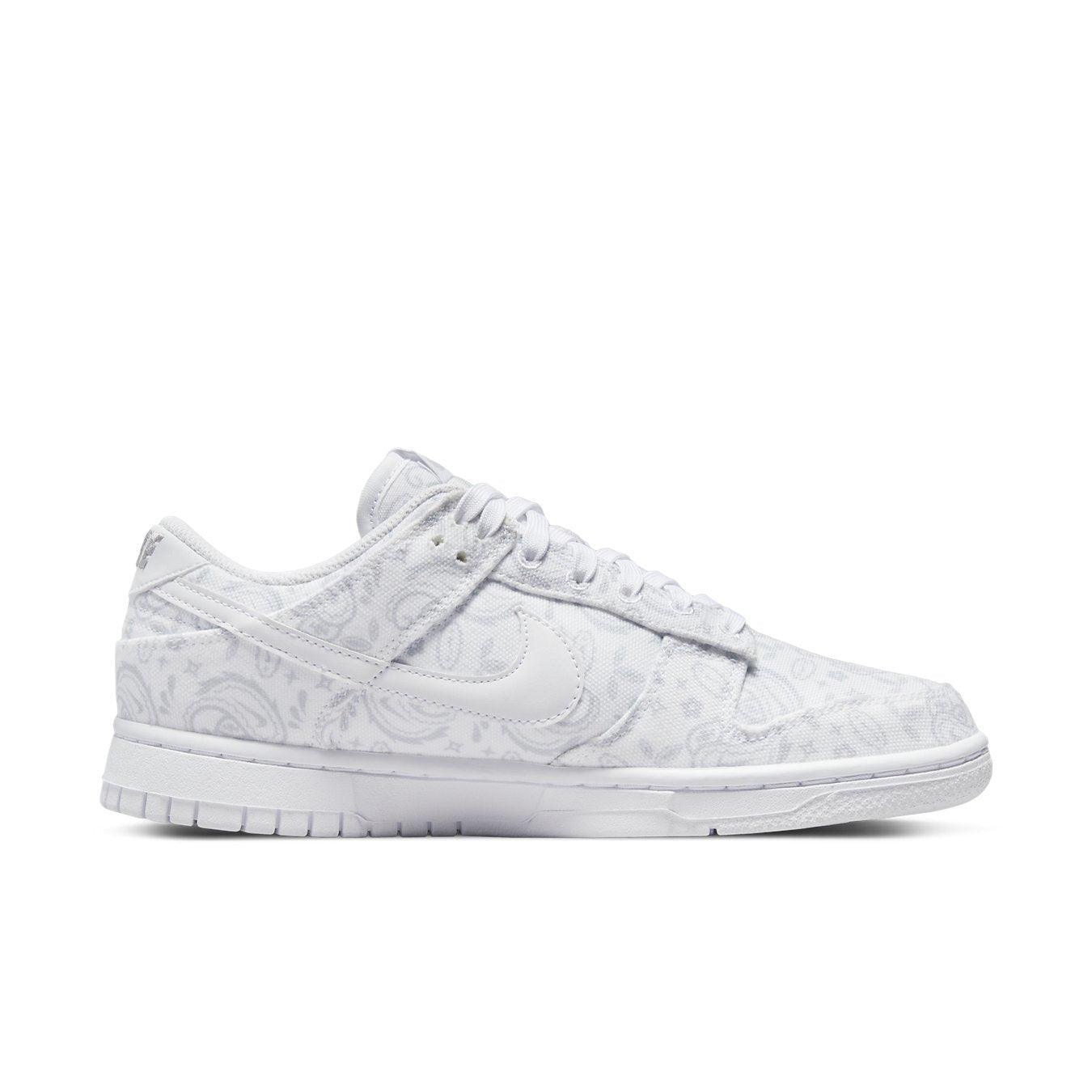 Nike Dunk Low White Paisley women's sneaker with white paisley print and leather swoosh detail.