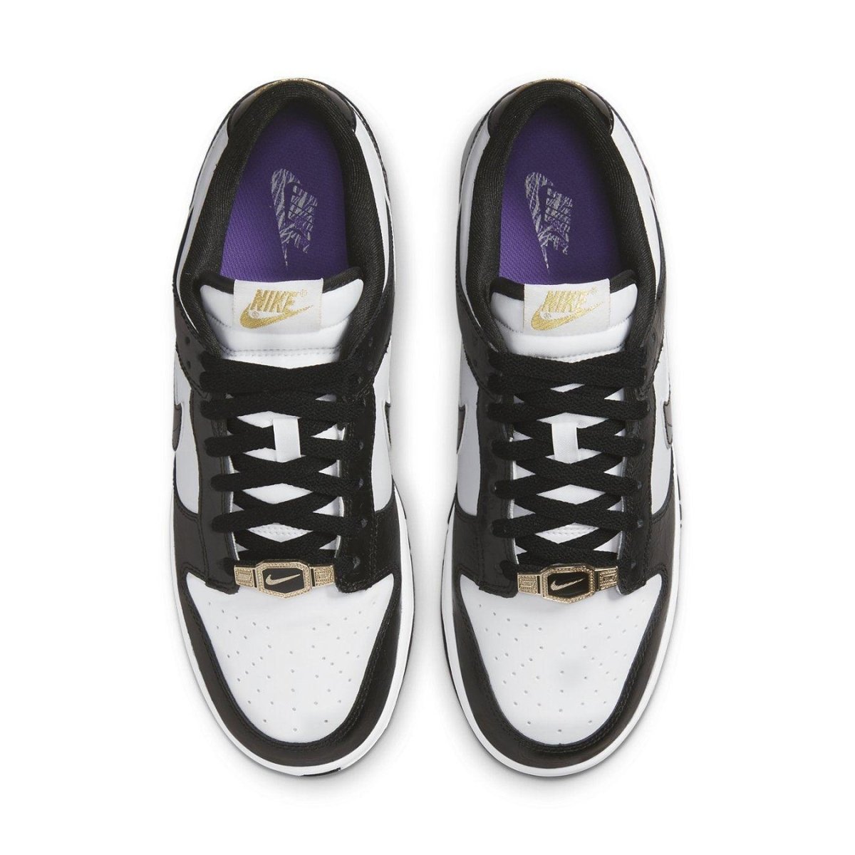 Nike Dunk Low World Champs in black and white with gold details and purple interior.