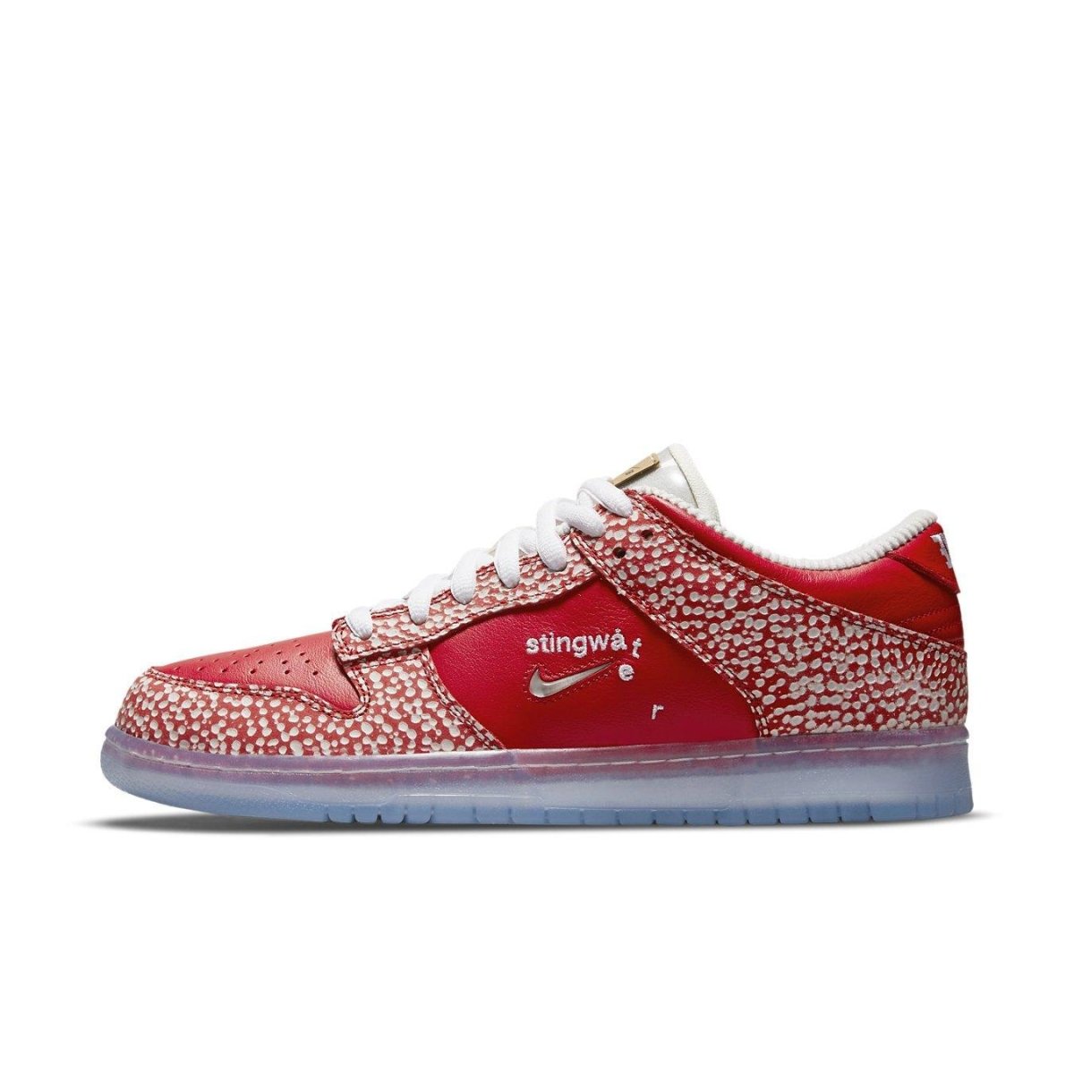 Nike Dunk SB Low Stingwater Magic Mushroom featuring a bold red design with mushroom motifs and transparent sole.