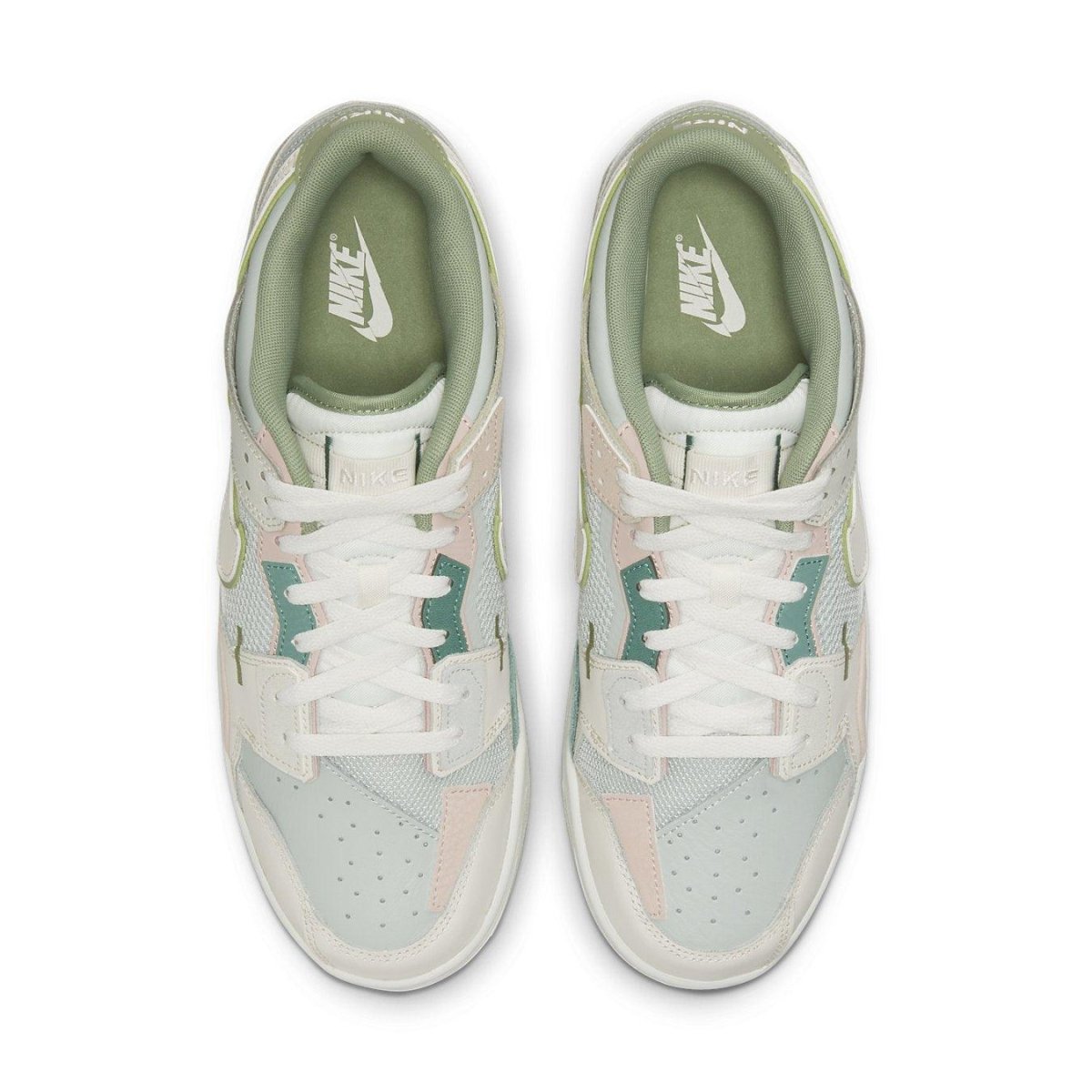 Nike Dunk Scrap Grey Haze Phantom shoes, featuring a patchwork design with pastel accents in green, blue, and pink.