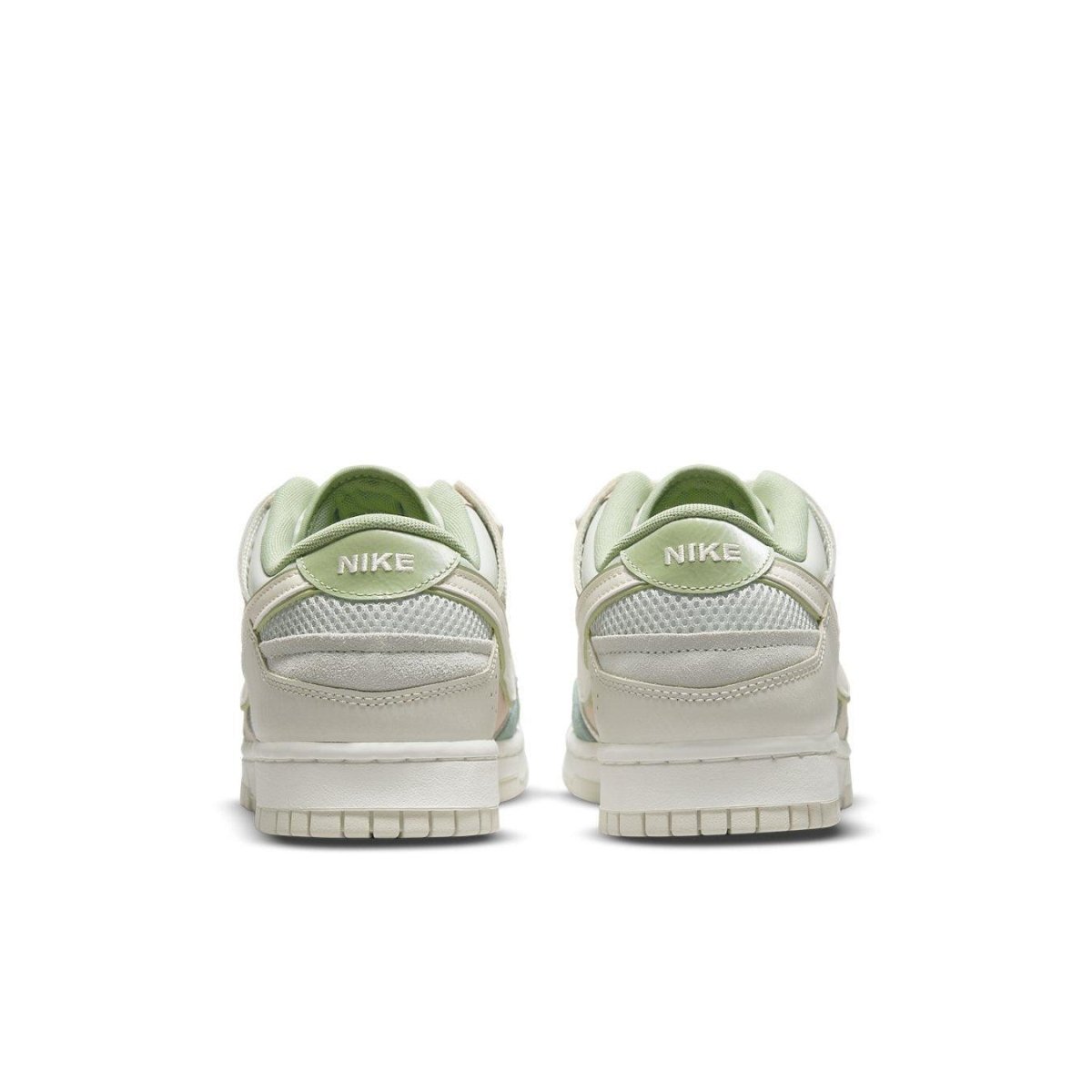 Nike Dunk Scrap Grey Haze Phantom rear view, featuring patchwork leather and pastel accents.