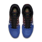 Nike Kobe 11 Elite Low BHM 2016, blue and multicolor Flyknit upper with logo, top view.