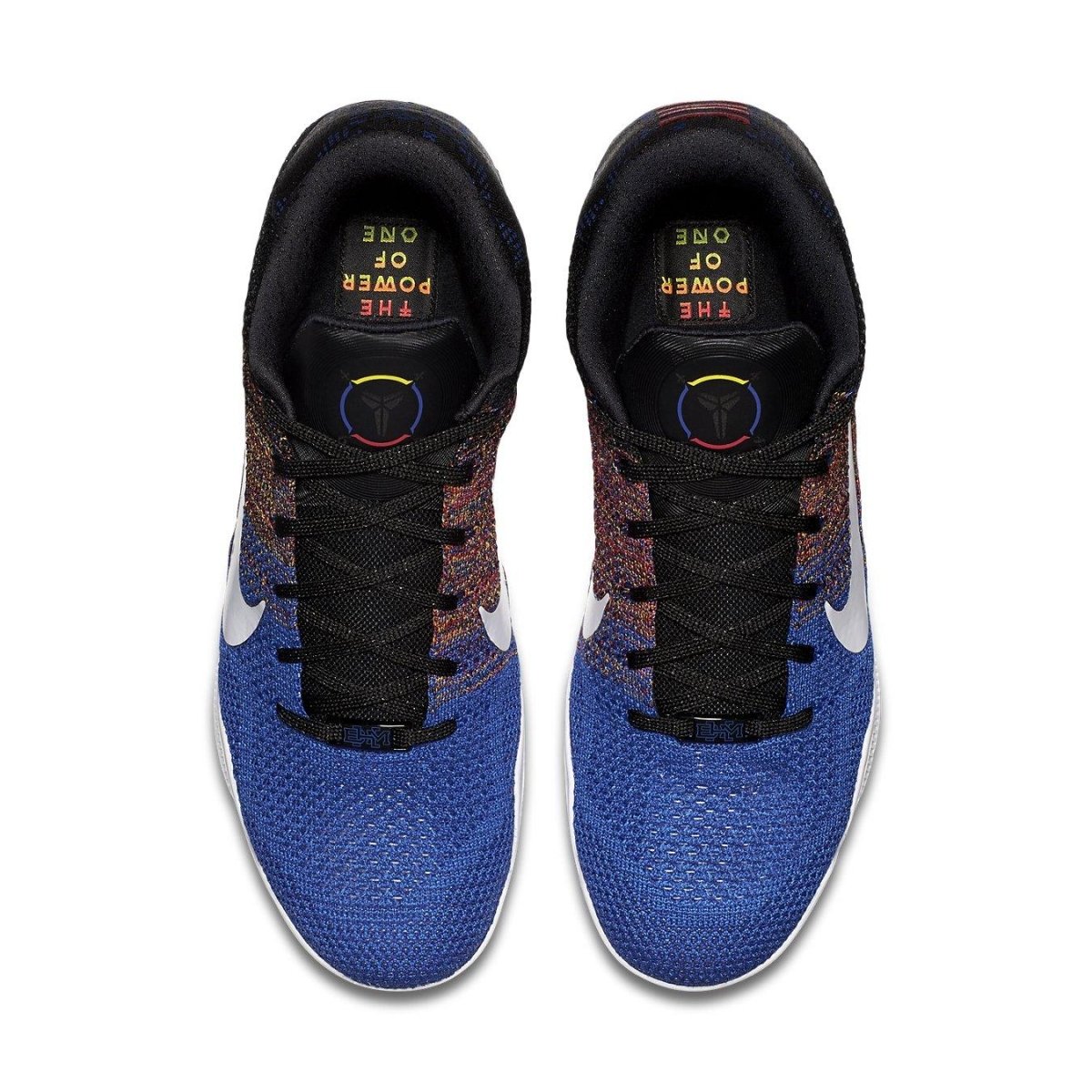 Nike Kobe 11 Elite Low BHM 2016, blue and multicolor Flyknit upper with logo, top view.