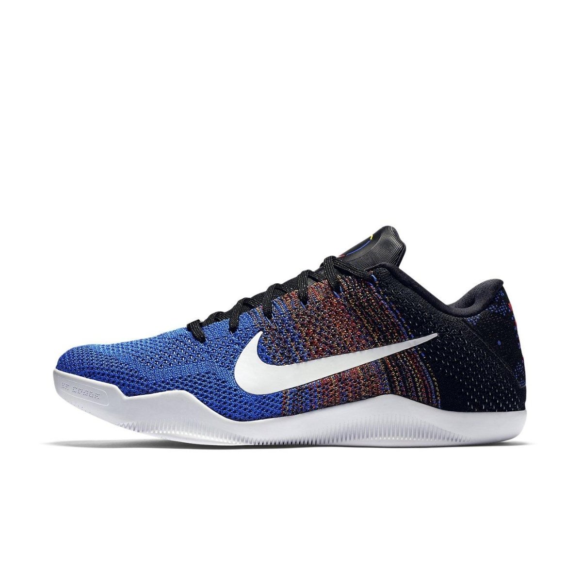 Nike Kobe 11 Elite Low BHM 2016 in blue and multicolor Flyknit upper with white Swoosh logo.