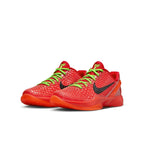 Nike Kobe 6 Protro Reverse Grinch (GS) in vibrant red with green laces, featuring a textured upper design.