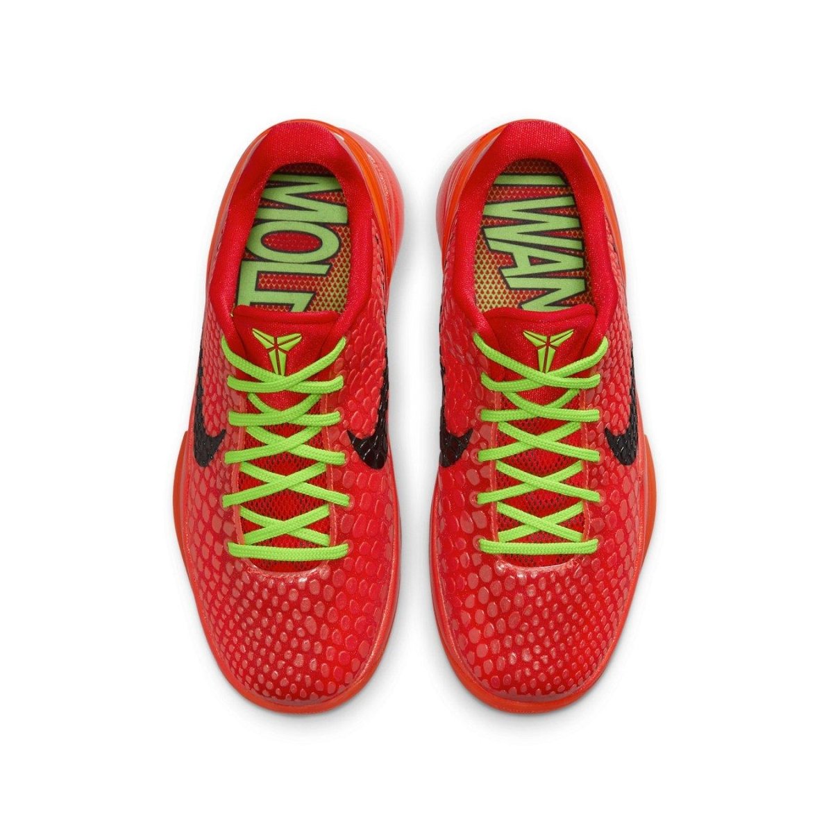 Nike Kobe 6 Protro Reverse Grinch GS shoes with bright red and green accents, featuring a sleek aerodynamic design.