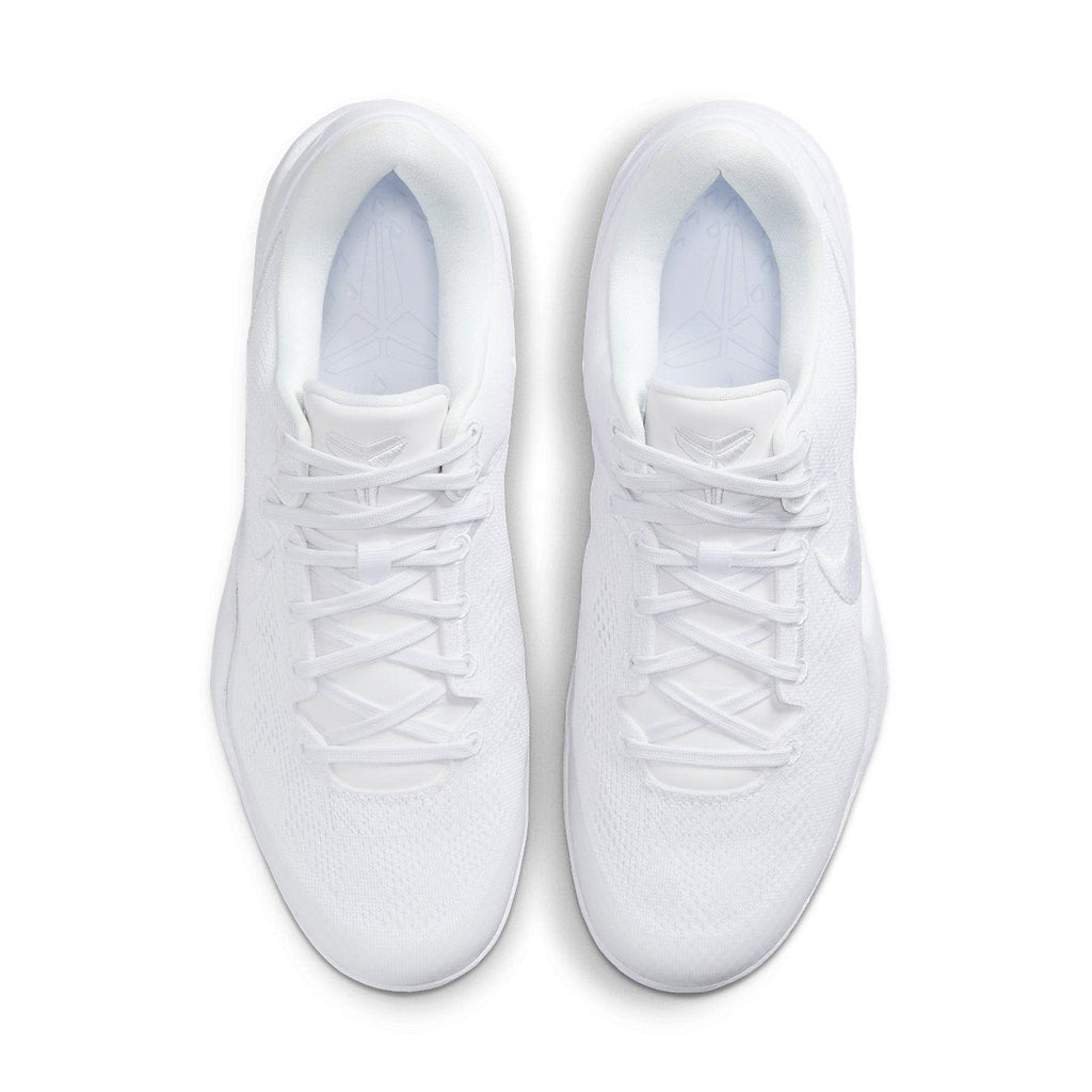 Top view of Nike Kobe 8 Protro Halo sneakers in all-white colorway, showcasing sleek design and detailed stitching.