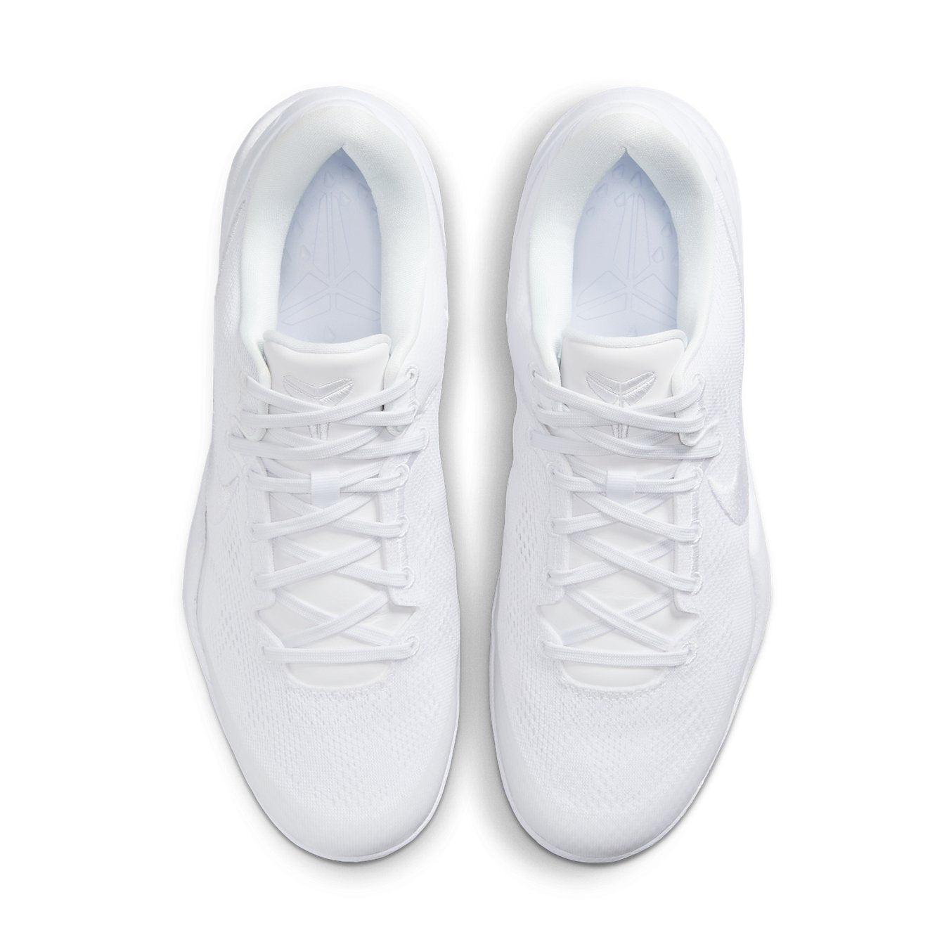 Top view of Nike Kobe 8 Protro Halo sneakers in all-white colorway, showcasing sleek design and detailed stitching.