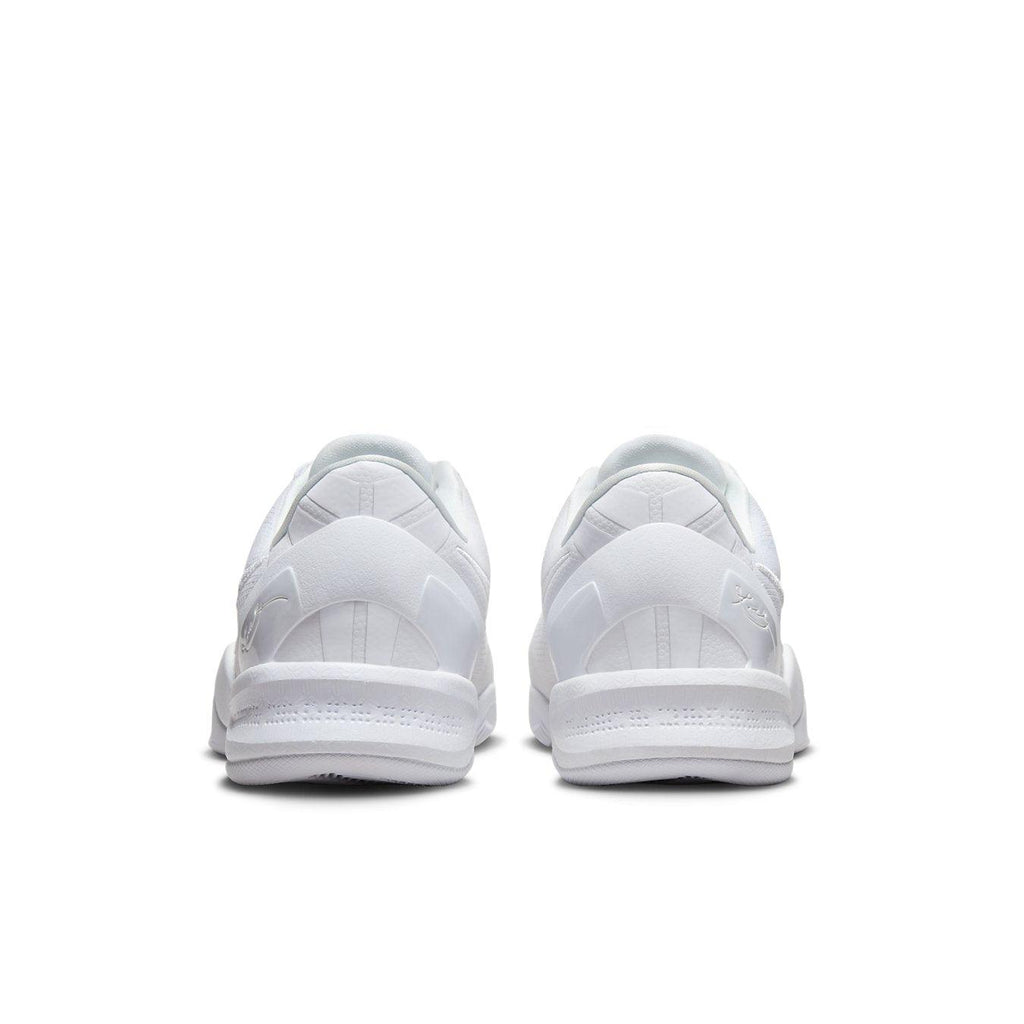 Back view of Nike Kobe 8 Protro Halo sneakers in all-white color scheme, showcasing sleek design and brand detailing.