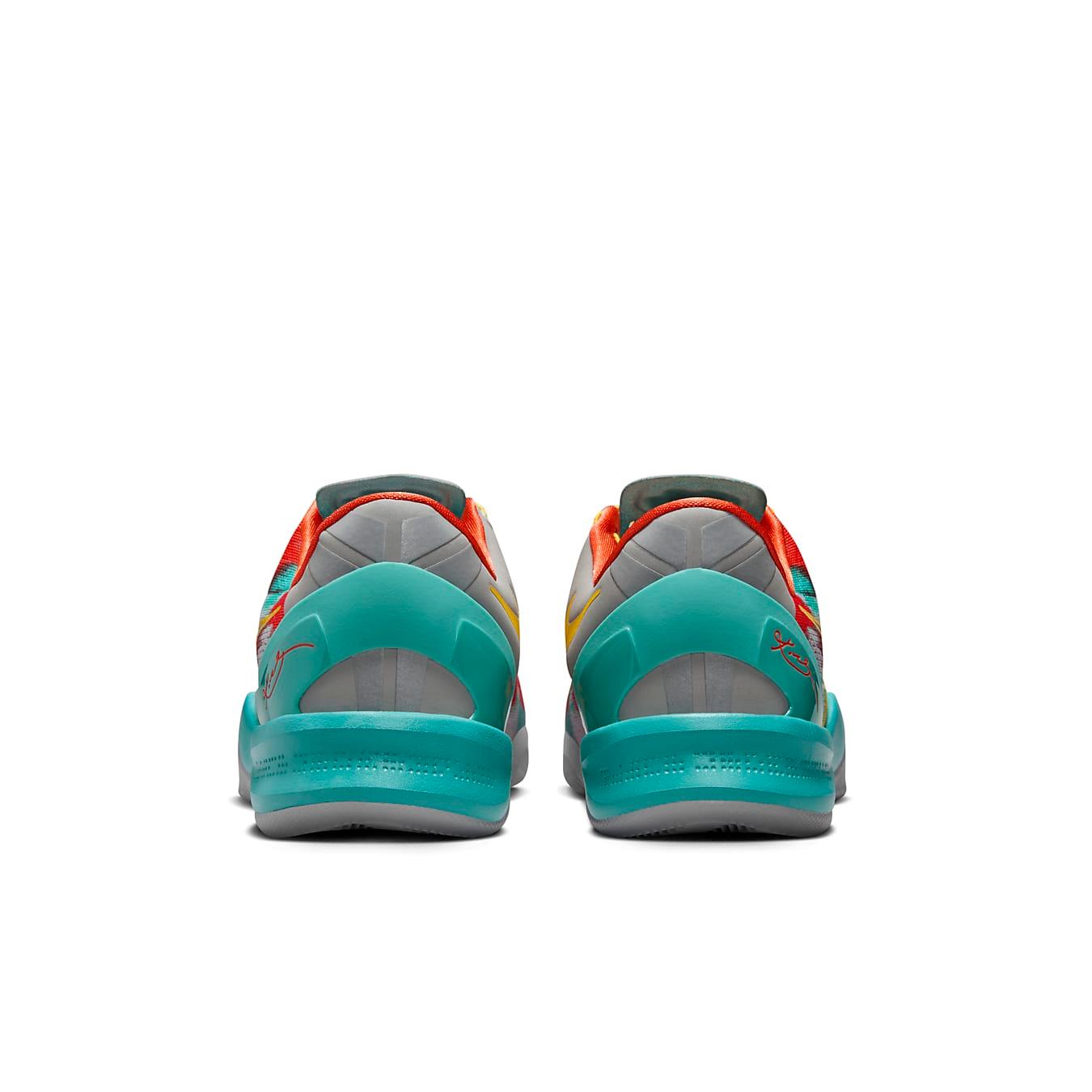 Nike Kobe 8 Protro Venice Beach (2024) sneakers, featuring a vibrant turquoise and colorful design from the back view.
