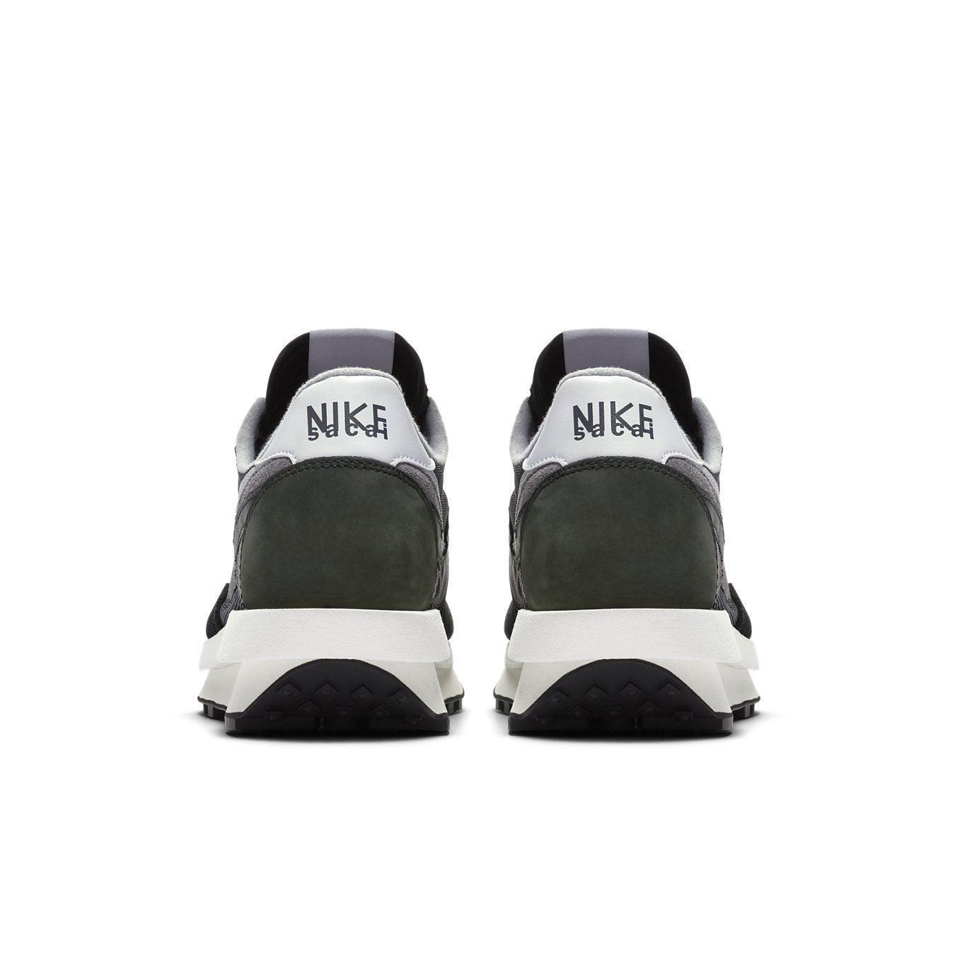 Rear view of Nike LD Waffle Sacai Black sneakers featuring co-branded Nike x Sacai logo and unique design elements.