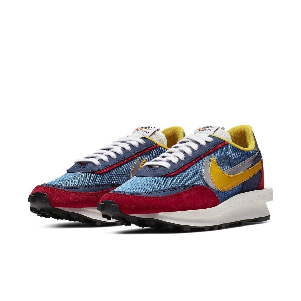Nike LD Waffle Sacai shoes in blue, red, and yellow colors featuring a unique hybrid design.