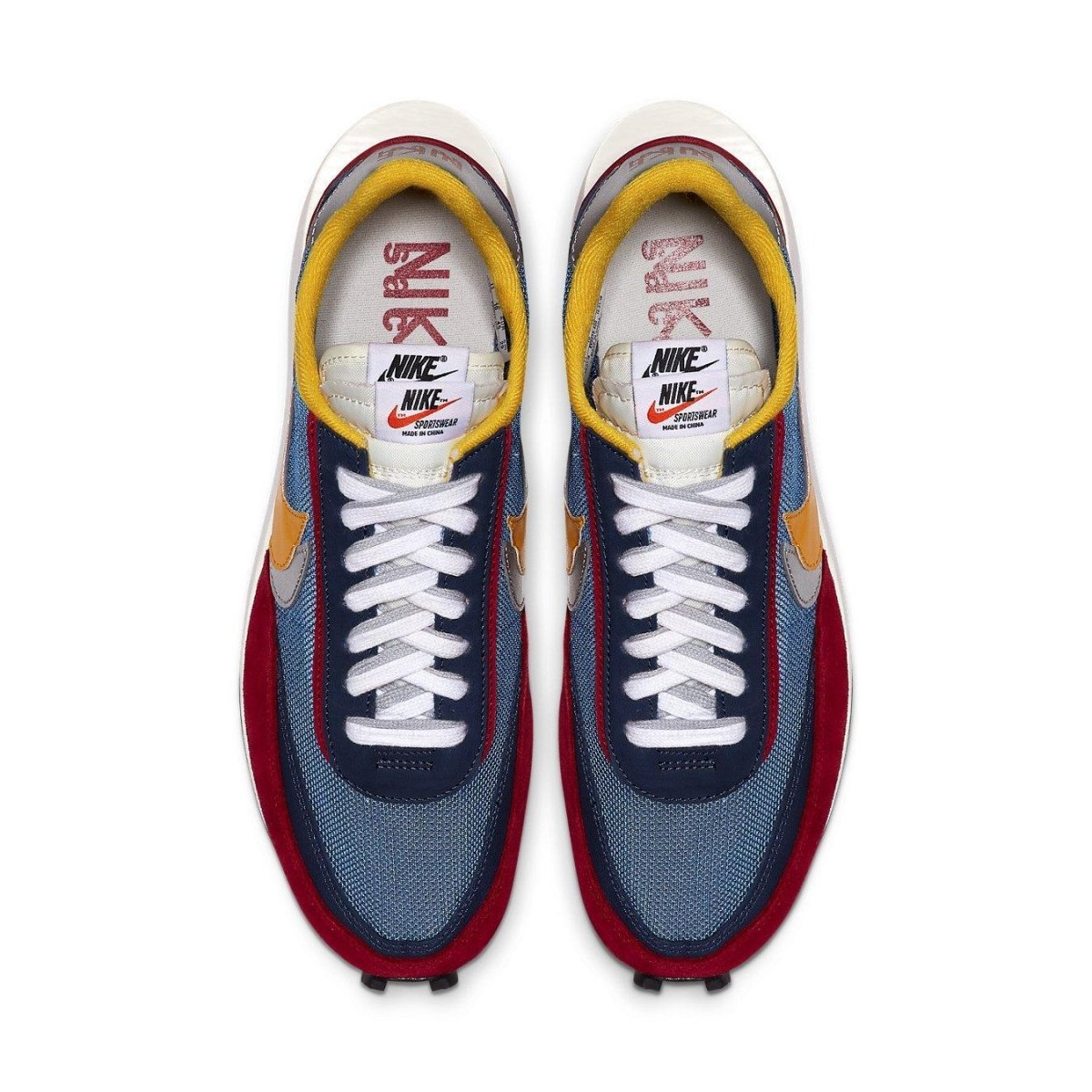 Nike LD Waffle Sacai Blue Multi sneakers with unique double Swoosh design and vibrant colorway.