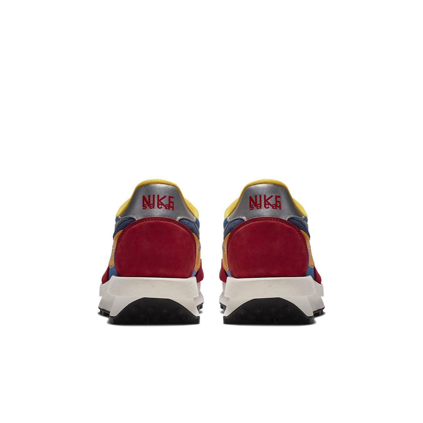 Nike LD Waffle Sacai Blue Multi sneakers in red and yellow, showing the back view with dual Swoosh and unique design elements.