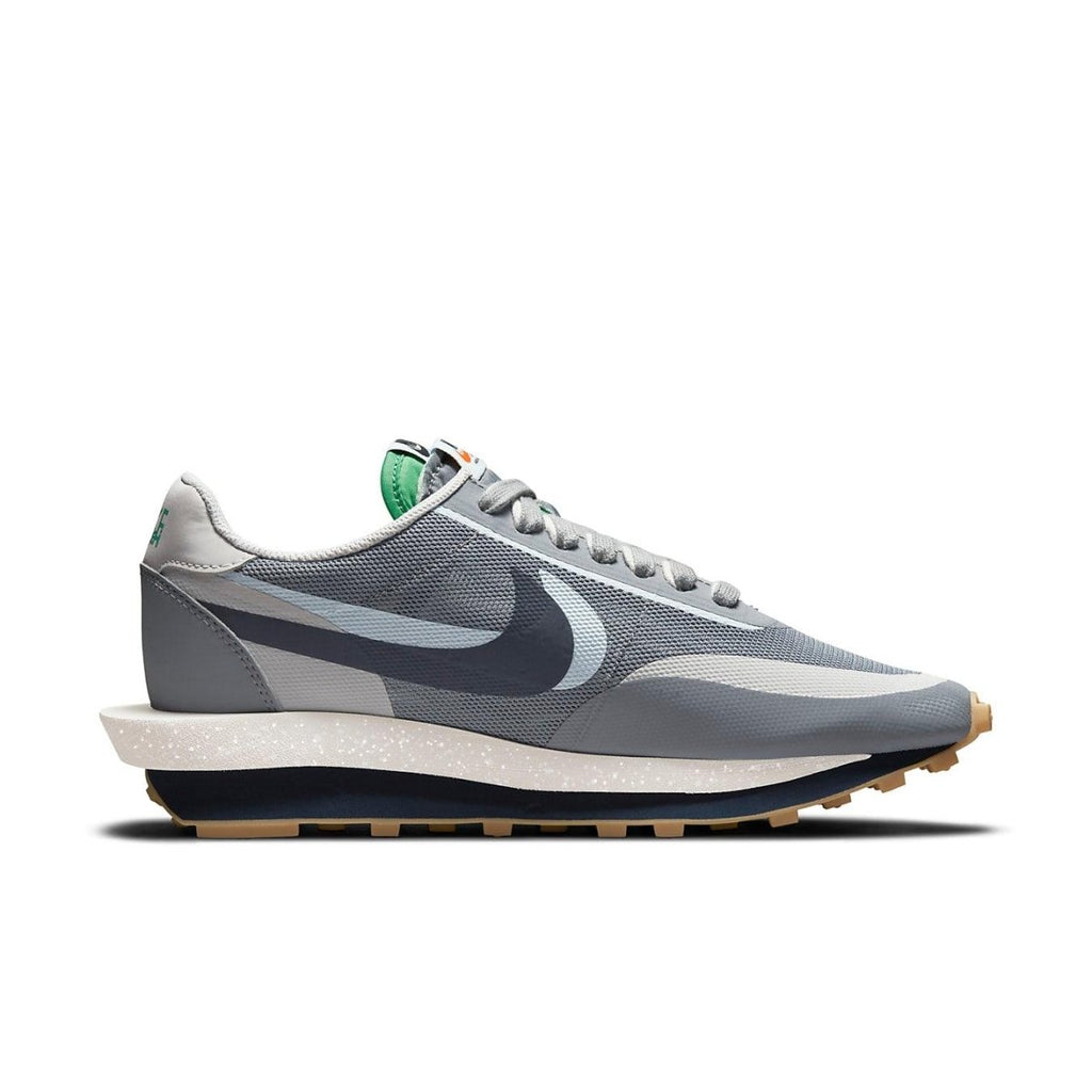 Nike LD Waffle sacai CLOT Kiss of Death 2 in Cool Grey with mesh upper and synthetic overlays.