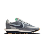 Nike LD Waffle sacai CLOT Kiss of Death 2 in Cool Grey with mesh upper and synthetic overlays.