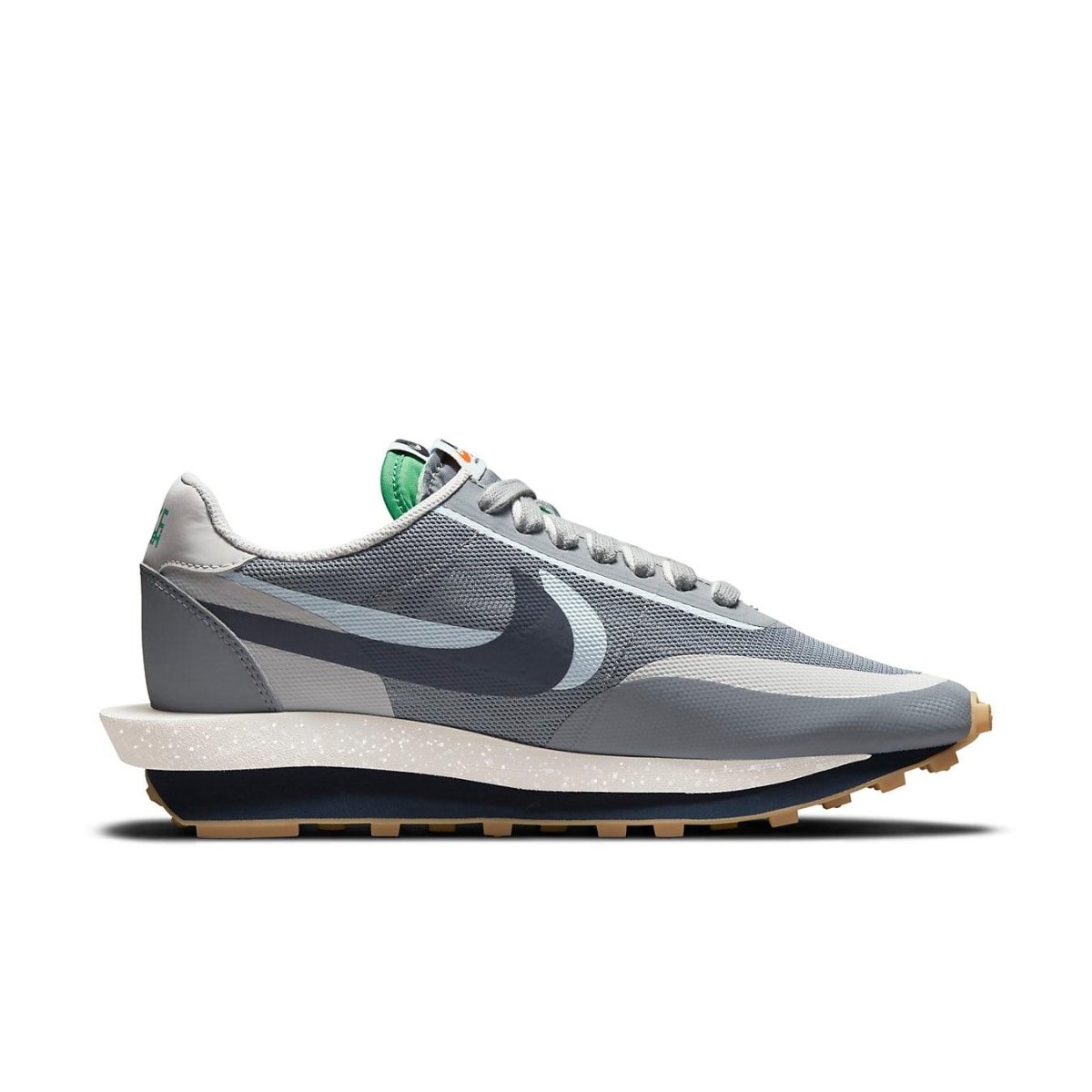Nike LD Waffle sacai CLOT Kiss of Death 2 in Cool Grey with mesh upper and synthetic overlays.