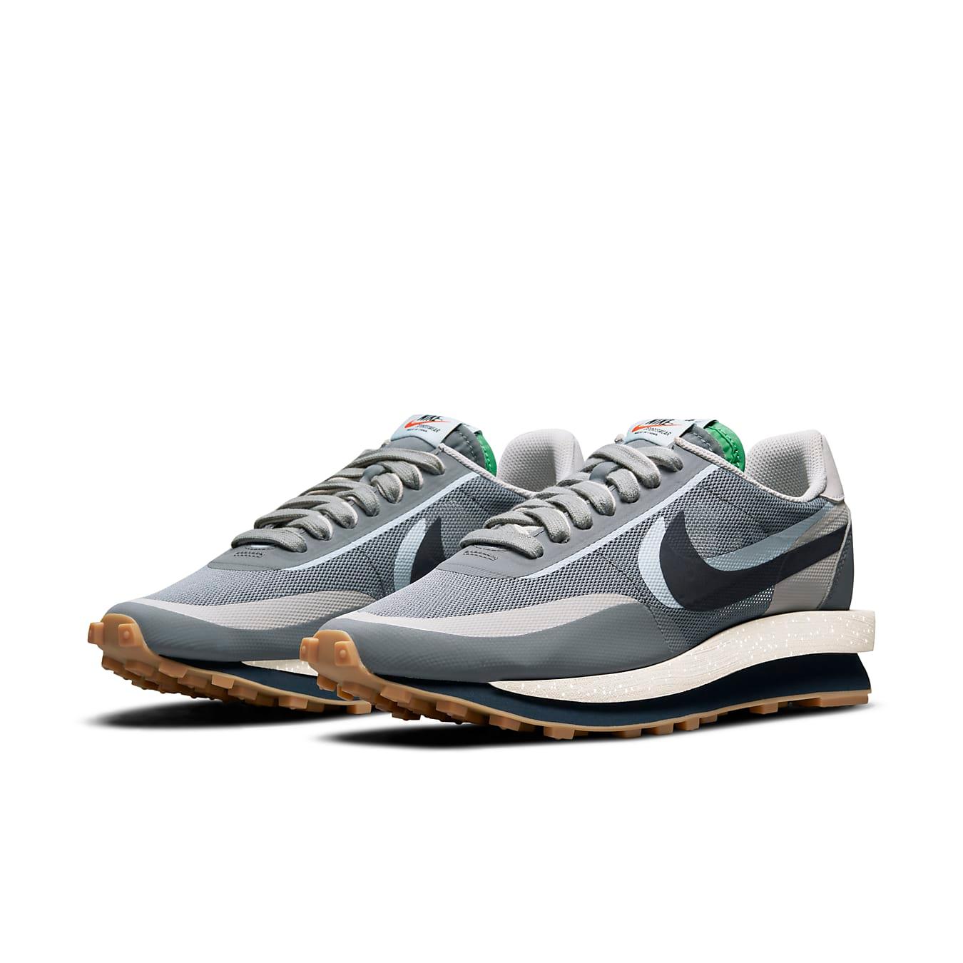 Nike LD Waffle sacai CLOT Kiss of Death 2 in Cool Grey with mesh upper and unique hybrid design.