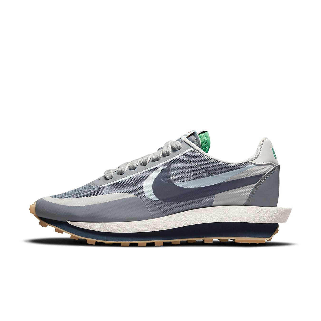 Nike LD Waffle sacai CLOT Kiss of Death 2 Cool Grey sneaker featuring mesh upper and unique hybrid design.