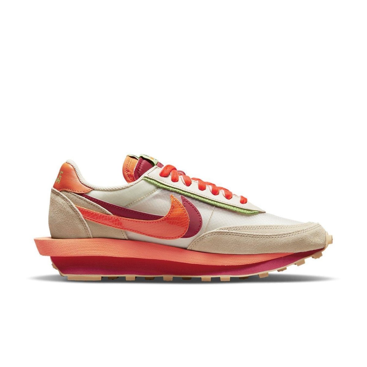 Nike LD Waffle sacai CLOT in Net Orange Blaze, featuring a hybrid design and iconic streetwear elements.