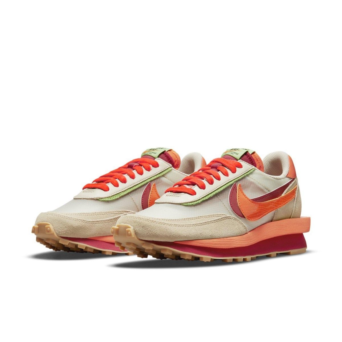 Nike LD Waffle sacai CLOT in Net Orange Blaze with a unique blended design and vibrant color palette.