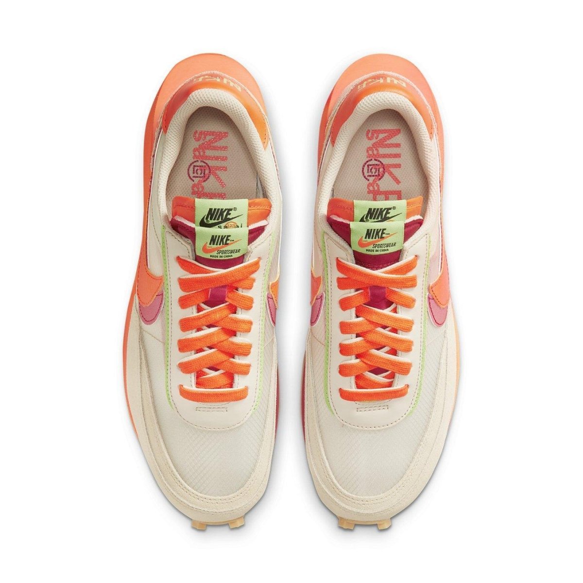 Nike LD Waffle Sacai CLOT shoes in net orange blaze with semi-transparent upper and vibrant details.