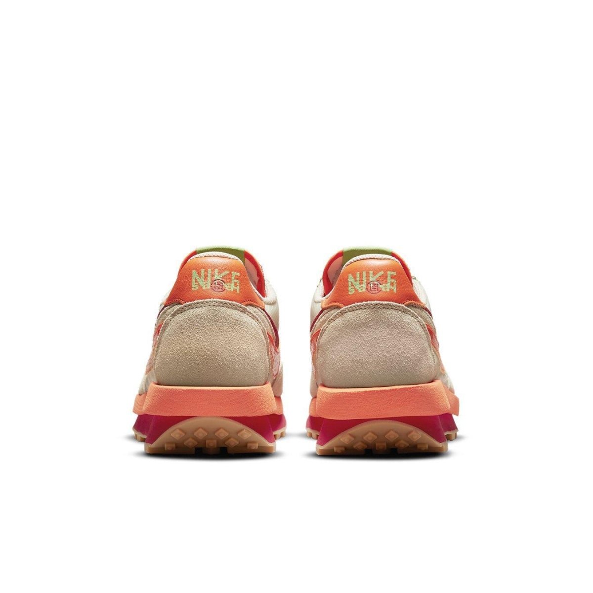 Nike LD Waffle sacai CLOT shoes rear view featuring translucent upper and vibrant orange accents.
