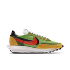 Nike LD Waffle Sacai sneakers in green, yellow, and red with double Swoosh design.