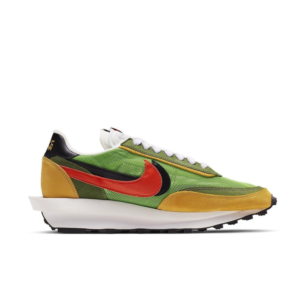 Nike LD Waffle Sacai sneakers in green, yellow, and red with double Swoosh design.